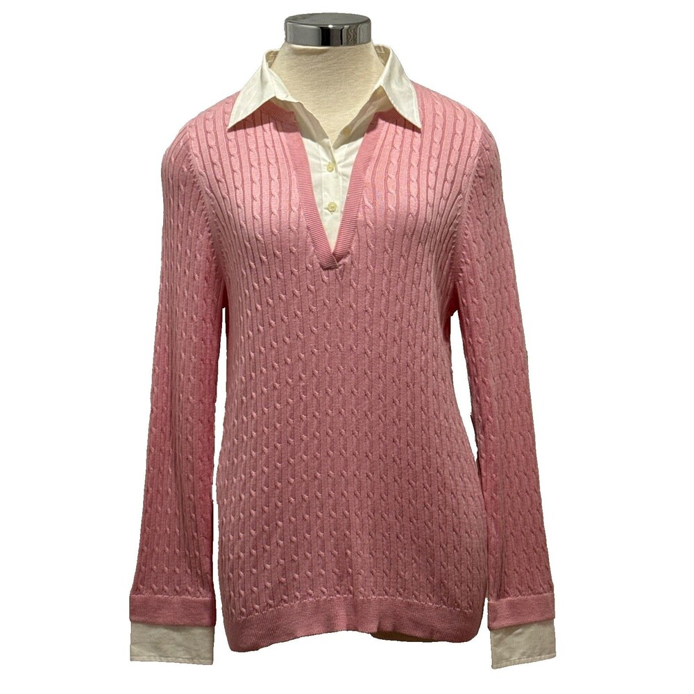 RALPH LAUREN Womens 1X Pink Silk Cotton Blend Cable Knit Pullover Sweater NWT